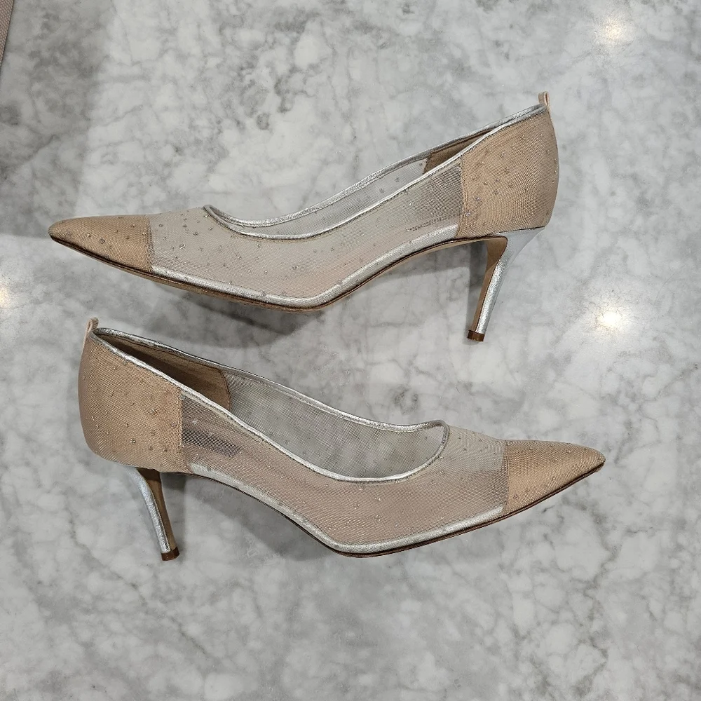 SJP Sarah Jessica Parker Nude Mesh‎ Crystal Mid Height Pointed Heels size 40